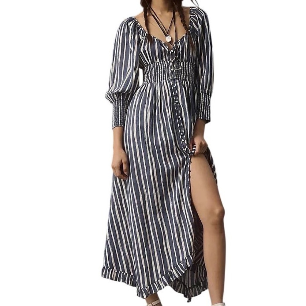 NWT Anthropologie Long Sleeve Sweetheart Midi Dress Blue Striped Size Small Boho